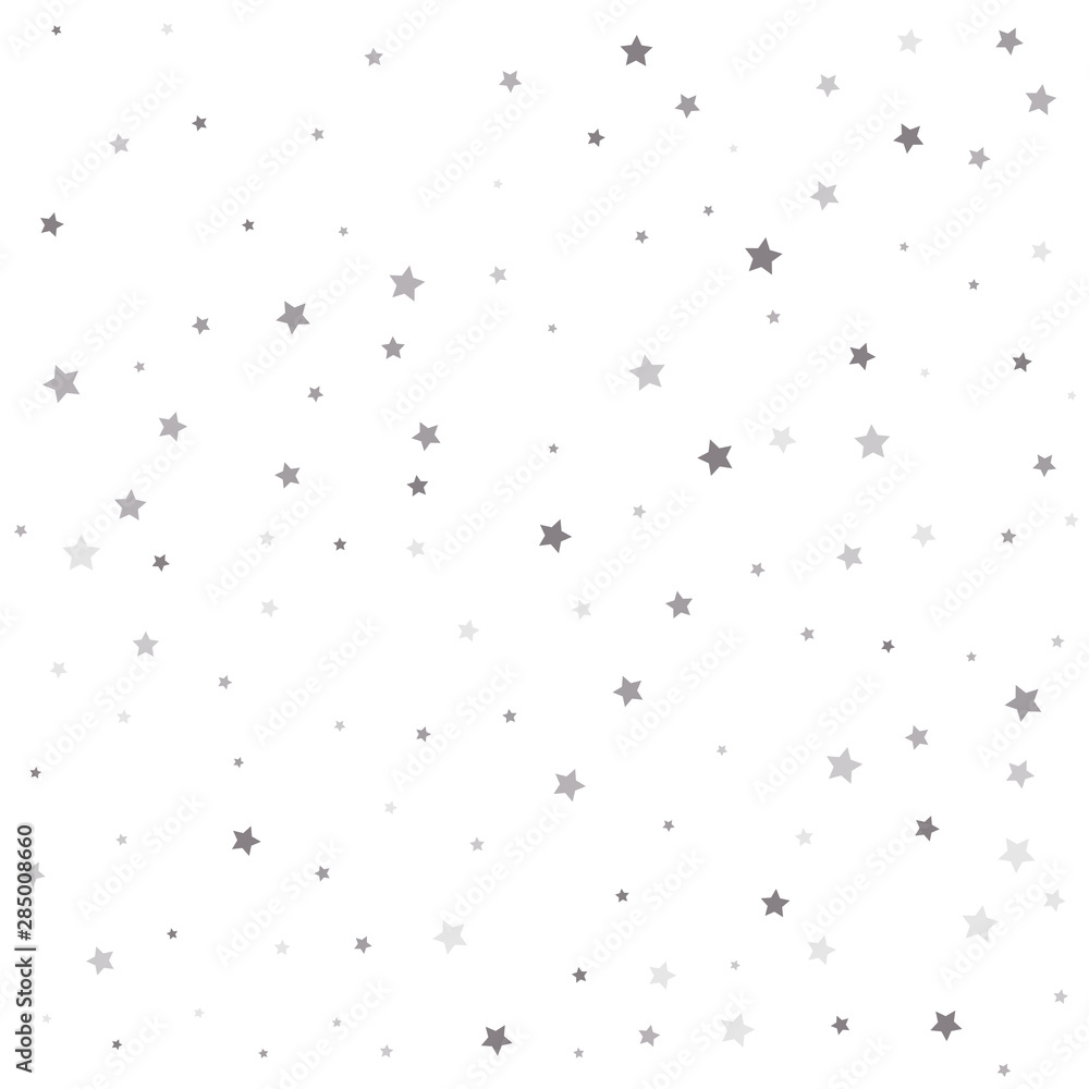 Silver flying stars confetti magic cosmic christmas vector. Falling silver stars abstract decoration for party, birthday celebrate, anniversary or event, festive.