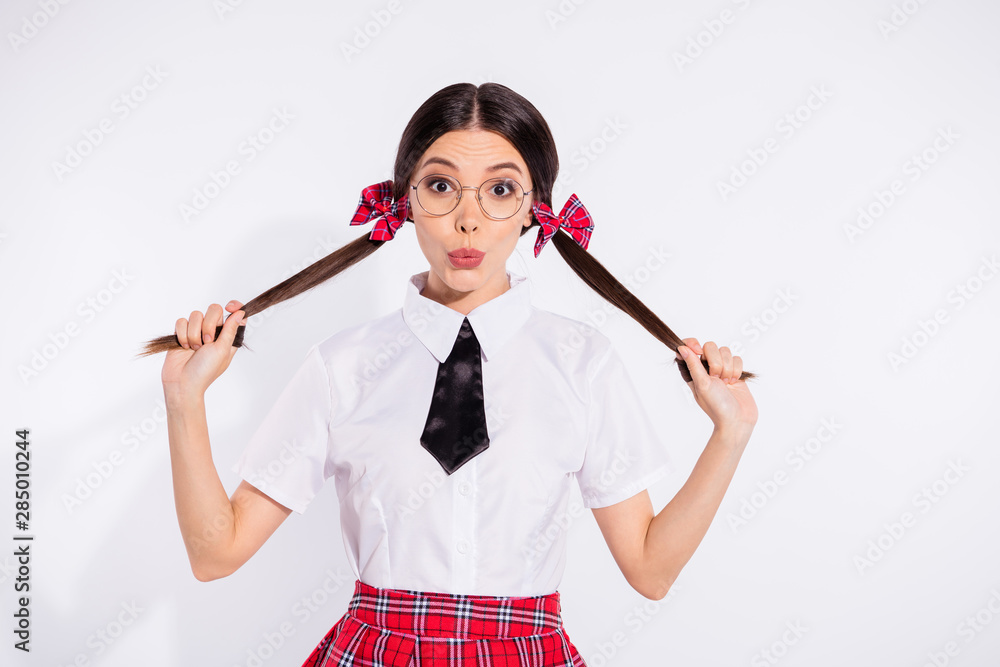 Φωτογραφία Portrait of cute nice teen teenager touch haircut dressed black white tie skirt