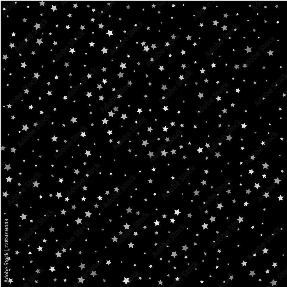 Silver flying stars confetti magic cosmic christmas vector. Abstract pattern of random falling silver stars.