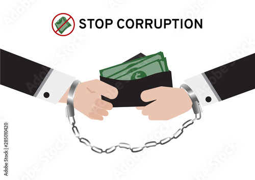 Both business man in suit are handcuffed while giving or paying money for corruption isolated on transparency background with the symbol stop receive money sign, Fraud Detection, election campaign