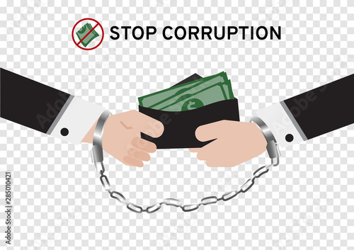 Both business man in suit are handcuffed while giving or paying money for corruption isolated on transparency background with the symbol stop receive money sign, Fraud Detection, election campaign