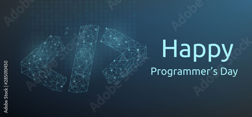 Happy programmer day banner with code symbol in polygonal wireframe style. Vector illustration.