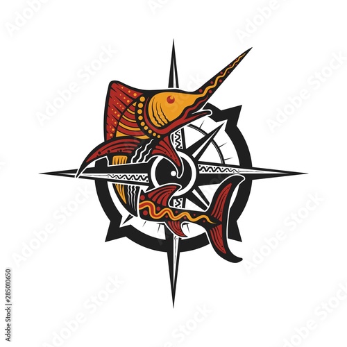 marlin fish vector logo with compass