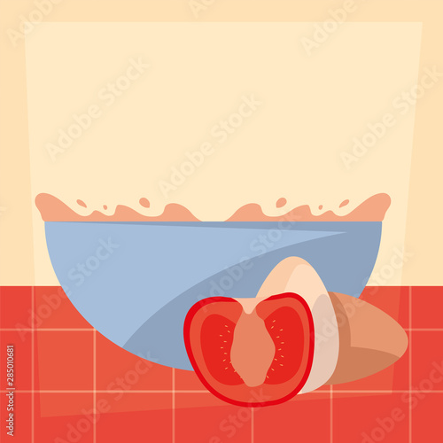 bowl tomato eggs preparation cooking flat design