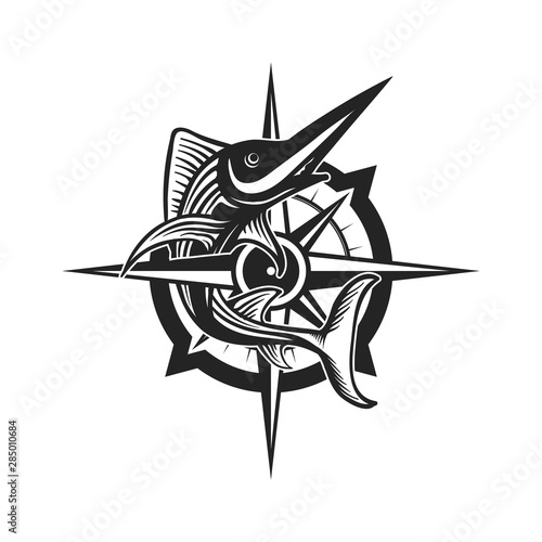 marlin fish vector logo with compass