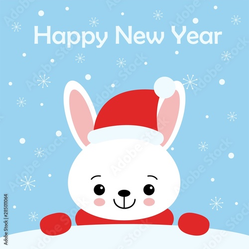 Cute rabbit card. Santa Claus hat on bunny vector illustration. New Year square banner with smiling bunny. Winter holiday package design. Flat forest animal.
