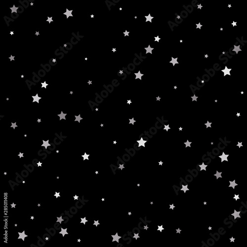 Holiday party decor. Christmas stars background vector, flying silver sparkles confetti.