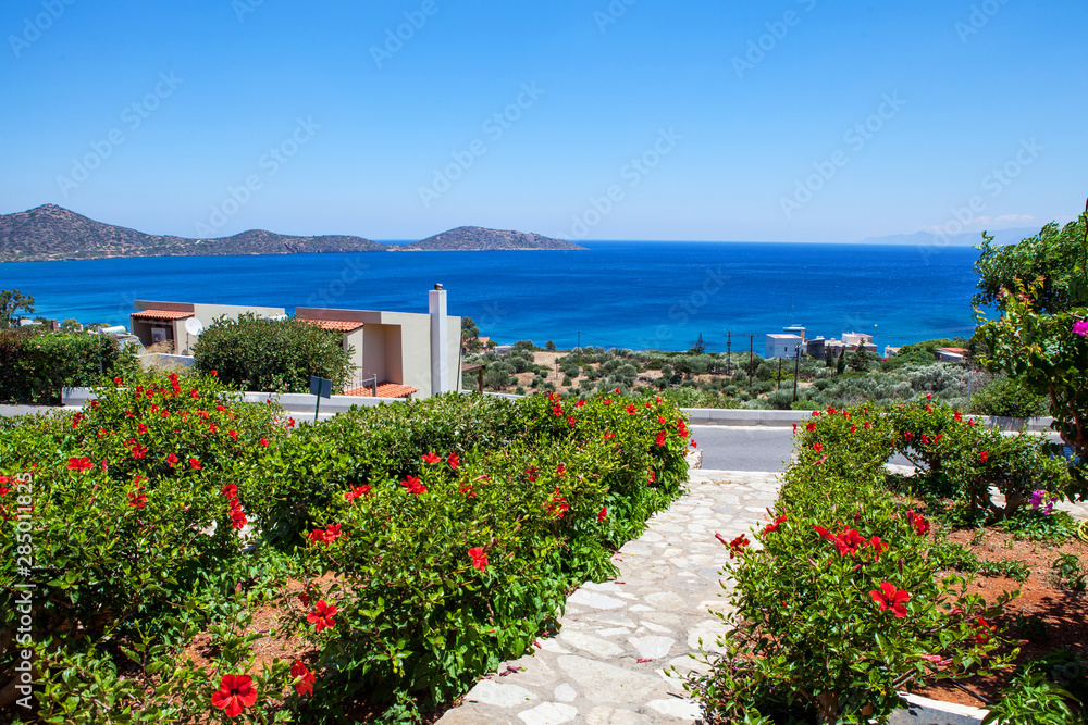 Scenic view to Mirabello bay and Elounda town in Crete island, Greece.