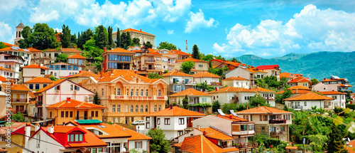 North macedonia. Ohrid. Different buildings and houses with red roofs on hill photo