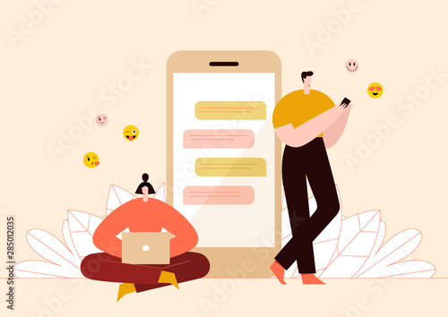 Woman with laptop chatting with man with phone and emoji on the background. Dating app and virtual relationship. Flat vector illustration.