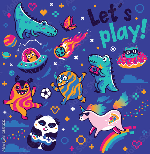 Let's play. Fantastic animals collection in vector. Cosmic aliens, dinosaurs, cool unicorn, panda gamer