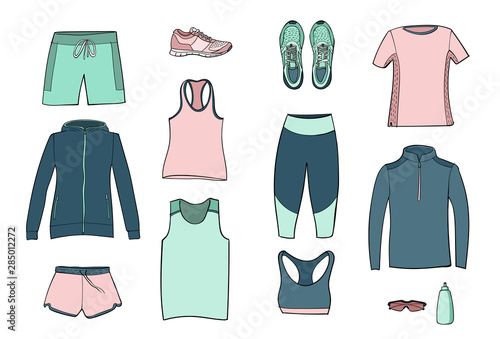 Running clothes set of hand drawn illustrations. Colorful doodle style. Vector