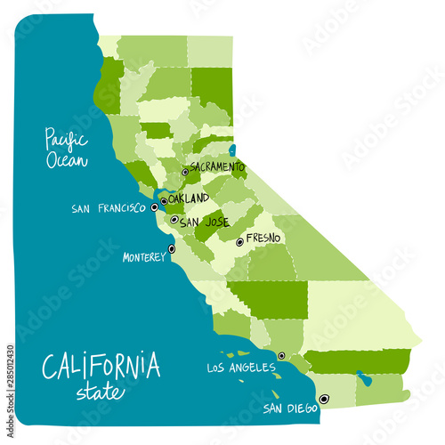 Map of California state of the USA, with counties.