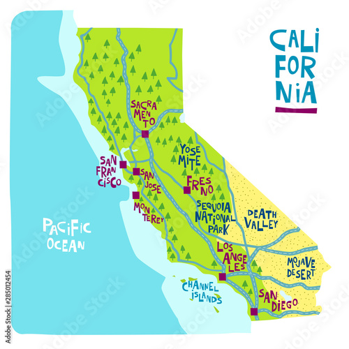 Map of California state of the USA, with landmarks.