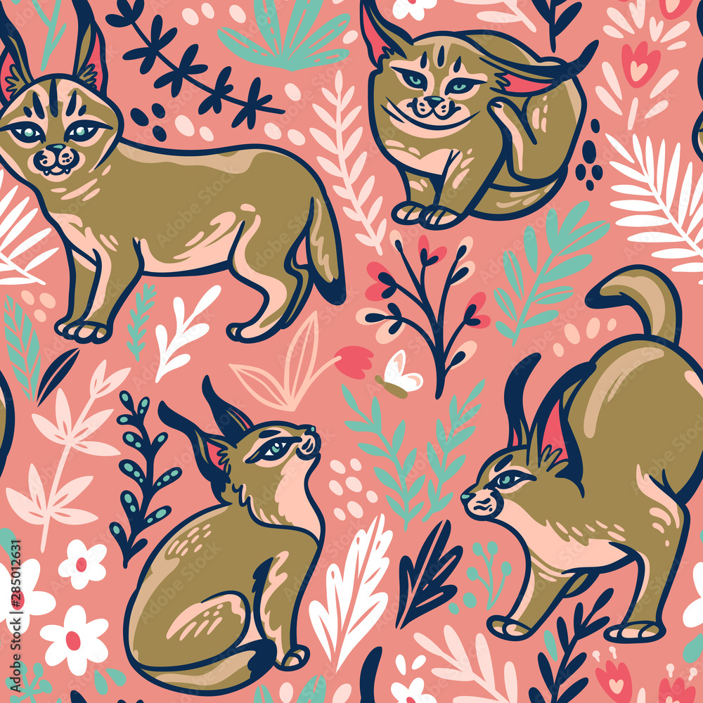 Caracal Kitten seamless pattern in the floral background Caracal Kitten seamless pattern in the floral background