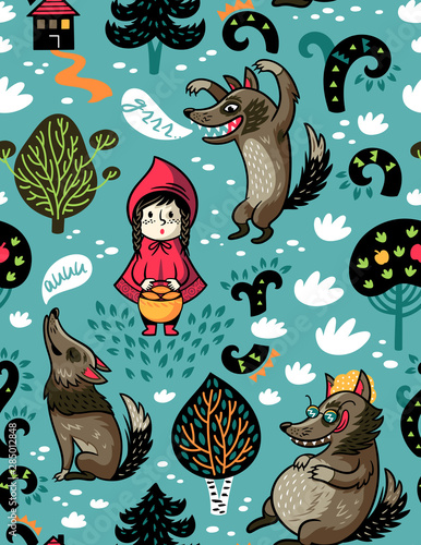Little Red Riding Hood seamless pattern. Vector illustration