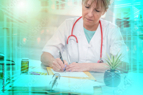 Female doctor writing a medical prescription; multiple exposure