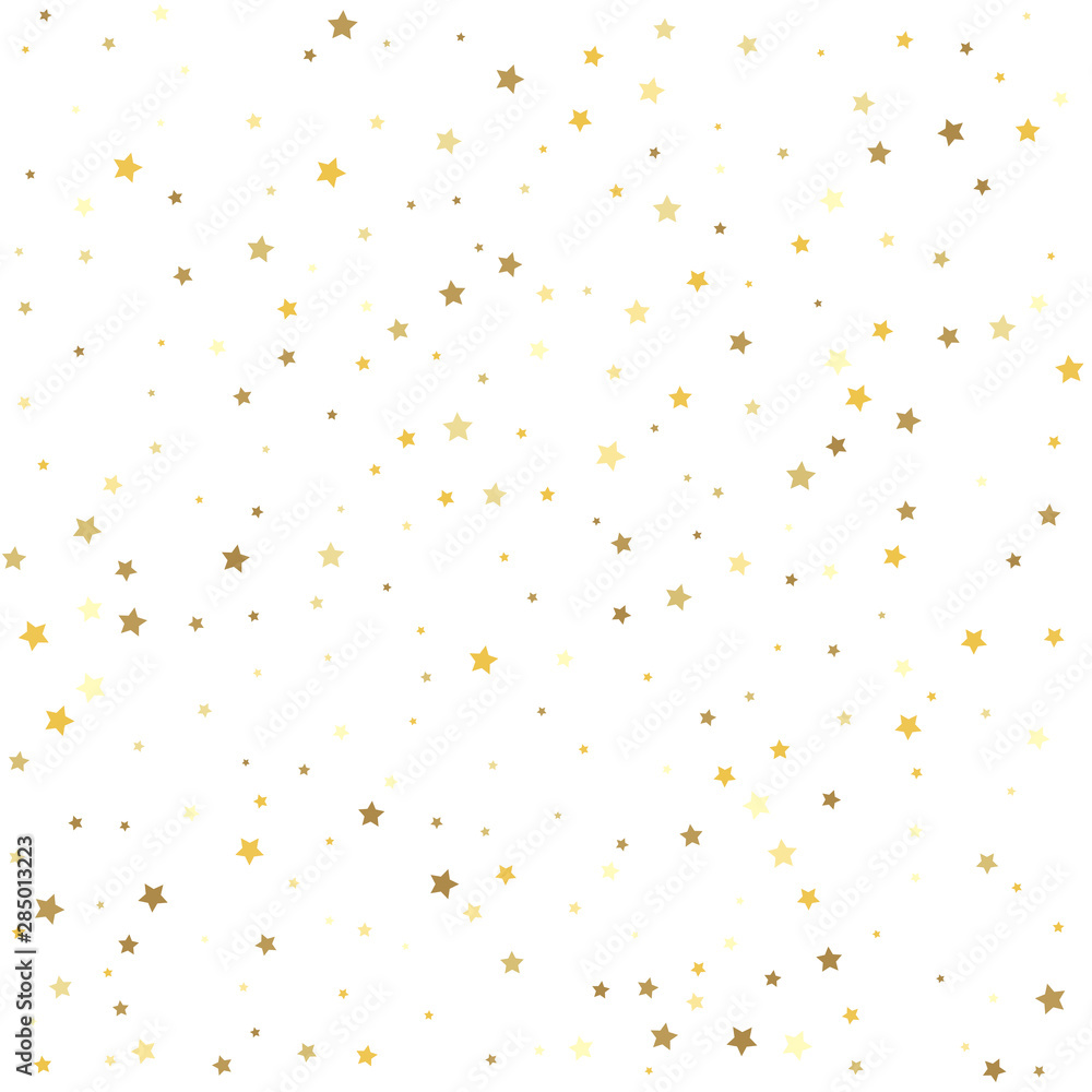 Christmas stars background vector, flying gold sparkles confetti. Gold stars on a white background.