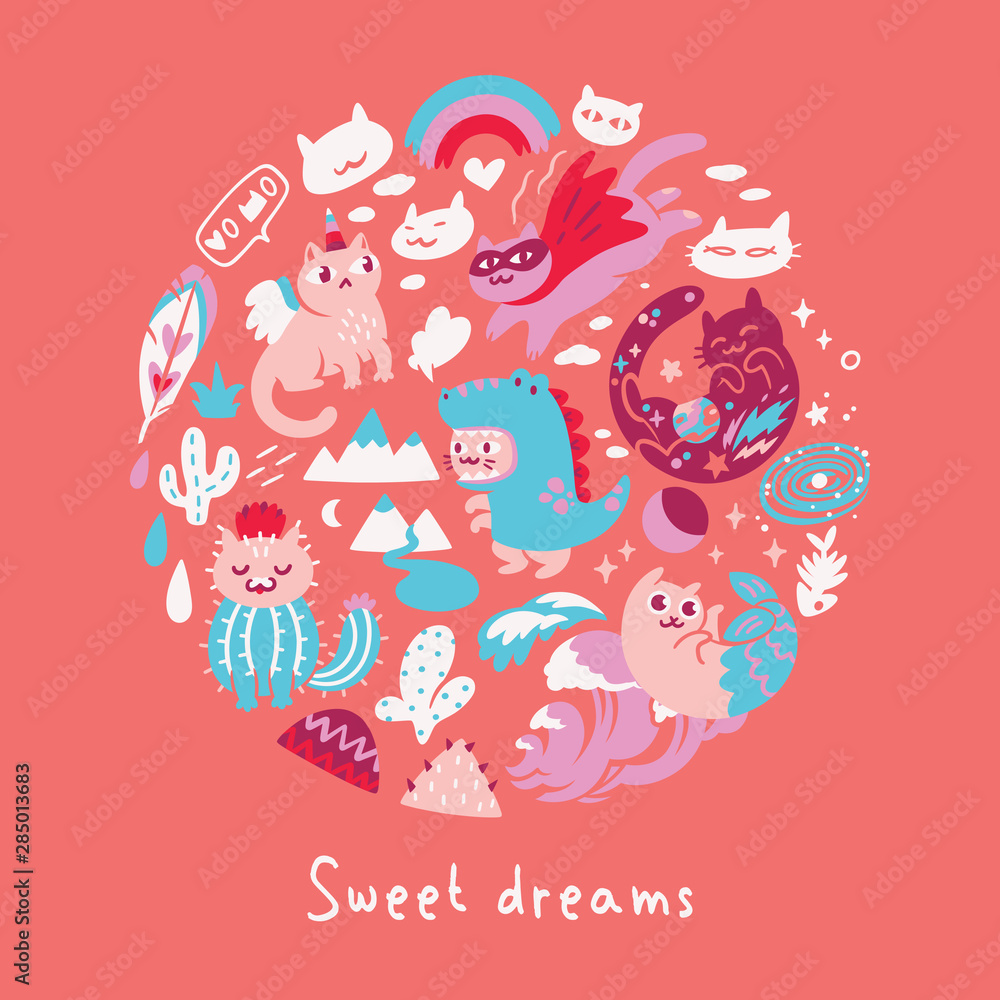 Set with different hand drawn kawaii cats, mermaid, unicorn, dinosaur and super hero in the circle. Vector illustration Set with different hand drawn kawaii cats, mermaid, unicorn, dinosaur and super hero in the circle. Vector illustration
