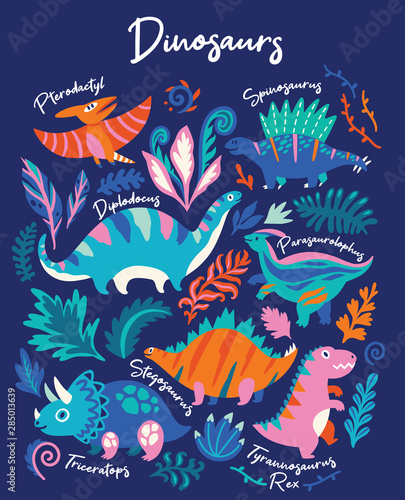 Print with cartoon types of dinosaurs. Childish print