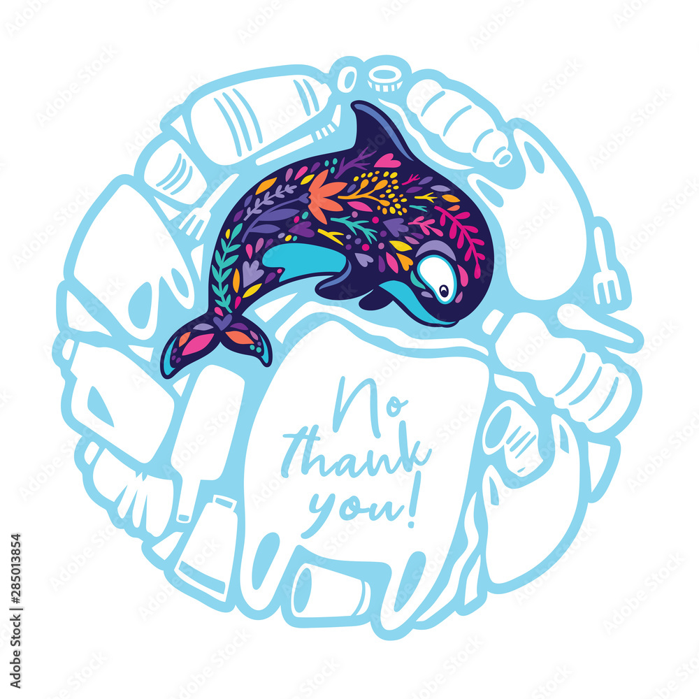 Obraz premium Vector circle print with a whale and more plastic waste
