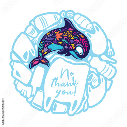 Vector circle print with a whale and more plastic waste