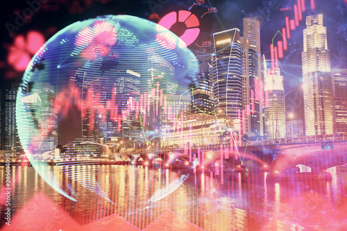 Photography Double exposure of business theme hologram drawing and city veiw background
