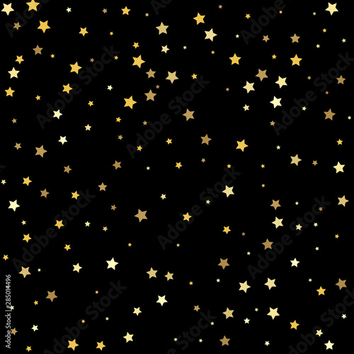 Christmas stars background vector, flying gold sparkles confetti. Template for holiday designs, invitation, party, birthday, wedding.