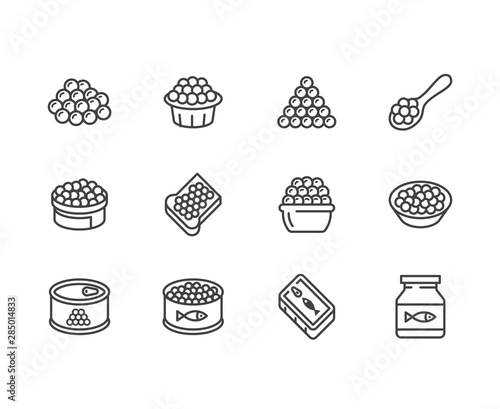 Red caviar flat line icons set. Canned fish eggs, tobiko roe, appetizer vector illustrations. Outline signs for seafood store. Pixel perfect 64x64. Editable Strokes