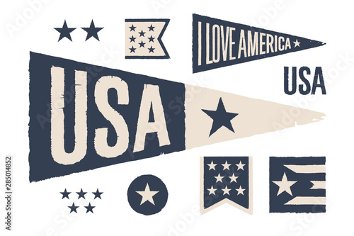 Set symbols USA. Vintage retro graphic flag, pennant