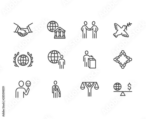 Diplomacy flat line icons set. Global politics, handshake, international business, presentation vector illustrations. Outline signs for diplomatic meeting. Pixel perfect 64x64. Editable Strokes