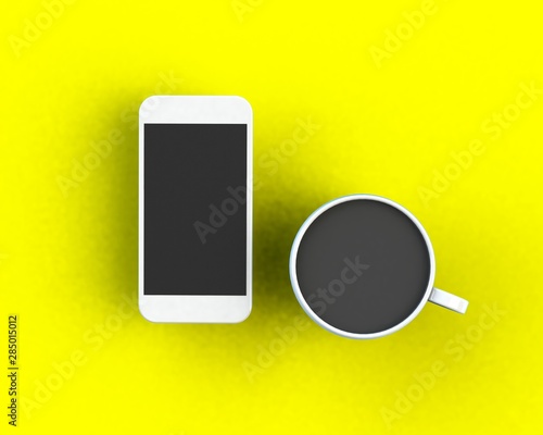 3D illustration of a coffee cup with a smartphone on a yellow background - Illustration  photo