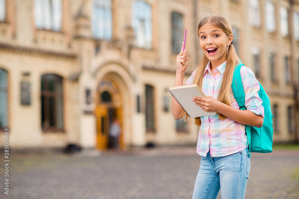 Portrait of amazed girl with pigtails ponytails scream wow hold note book have rucksack backpack wear plaid t-shirt denim jeans stand outside Portrait of amazed girl with pigtails ponytails scream wow hold note book have rucksack backpack wear plaid t-shirt denim jeans stand outside