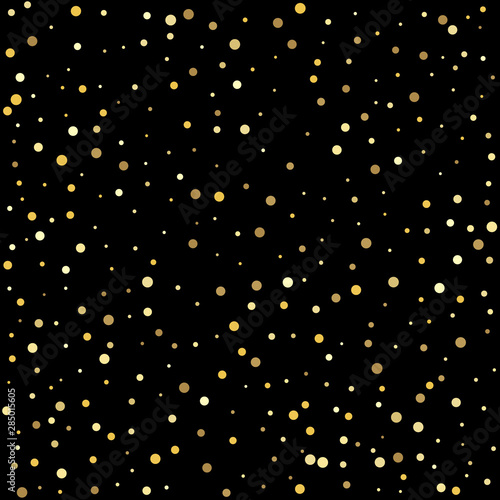 Confetti cover from gold dots. Christmas and New Year card, invitation, postcard, paper packaging.