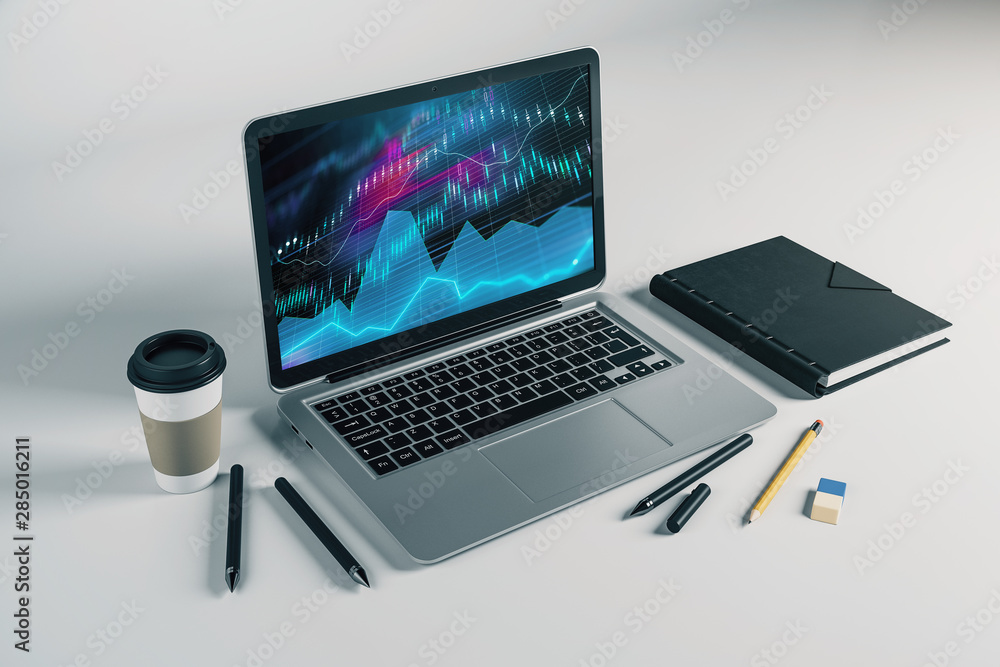 Laptop closeup with forex graph on computer screen. Financial trading and education concept. 3d rendering. Laptop closeup with forex graph on computer screen. Financial trading and education concept. 3d rendering.