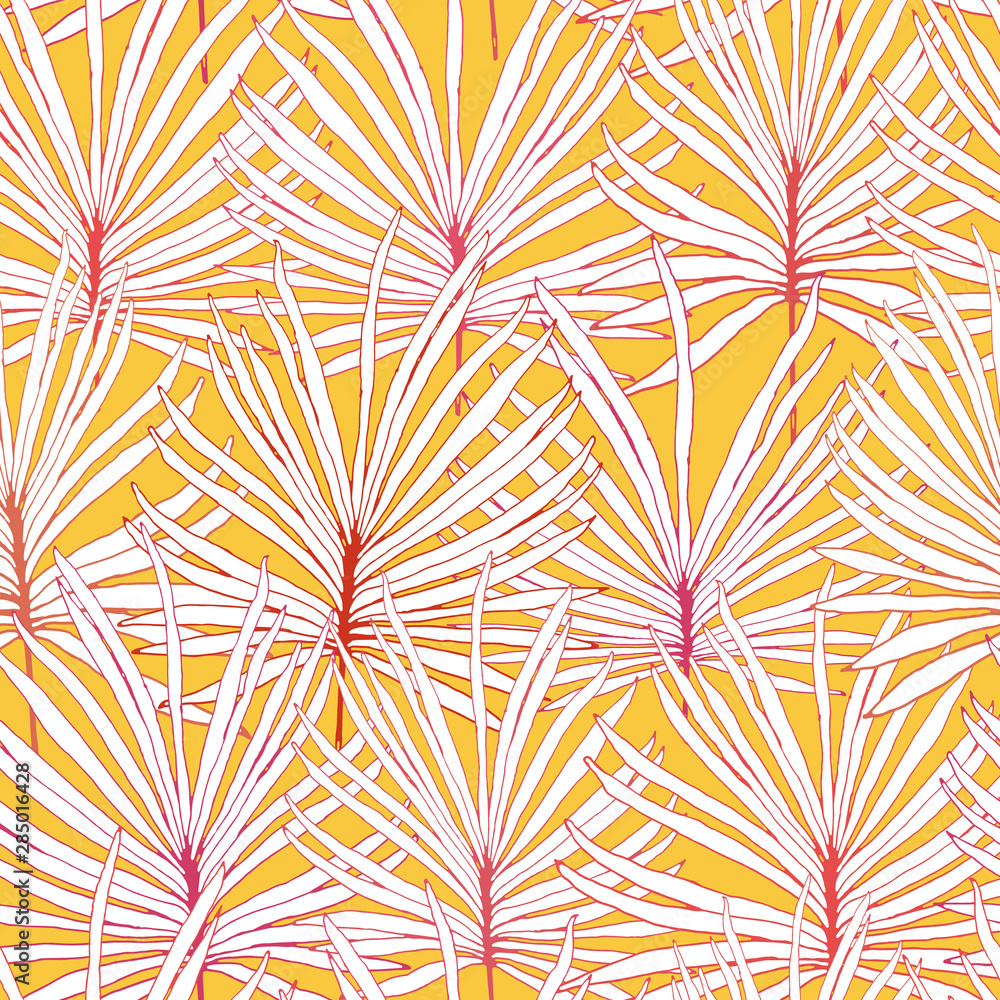 Unusual floral tropic desin seamless pattern. White and pink palm leaves on yellow background.Textile design, wallpaper, fabric print. Vector illustration Eps8
