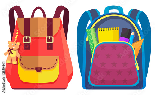 Colored school backpack. Education and study back to school, schoolbag luggage, rucksack vector illustration. Kids school bag with education equipment. Backpacks with study supplies. Student satchels