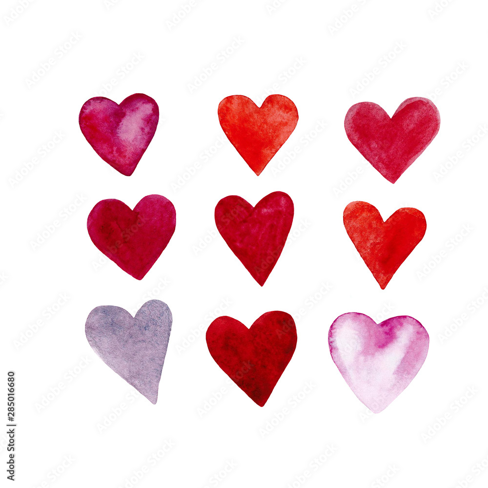 Set of vector watercolor hearts. Hand-drawn various hearts isolated on white background. Wedding or Valentine's template.
