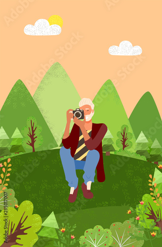 Man wearing formal clothes taking photo vector, character with camera on nature. Mountains and landscape meadow with bushes and flowers pics making