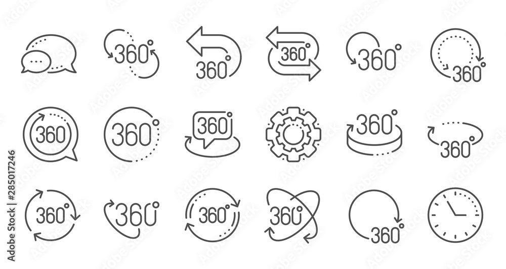 360 degrees line icons. Rotate arrow, VR panoramic simulation and augmented reality. 360 degrees virtual gaming, abstract geometry, full rotation view icons. Linear set. Quality line set. Vector