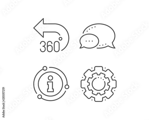 360 degrees line icon. Chat bubble, info sign elements. VR simulation sign. Panoramic view symbol. Linear 360 degrees outline icon. Information bubble. Vector