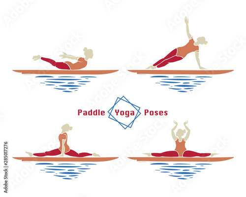 Stand Up Paddle Boarding yoga collection. SUP surfing vector illustration with young woman practicing asanas on a supboard on white background - Vector