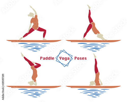 Stand Up Paddle Boarding yoga collection. SUP surfing vector illustration with young woman practicing asanas on a supboard on white background - Vector