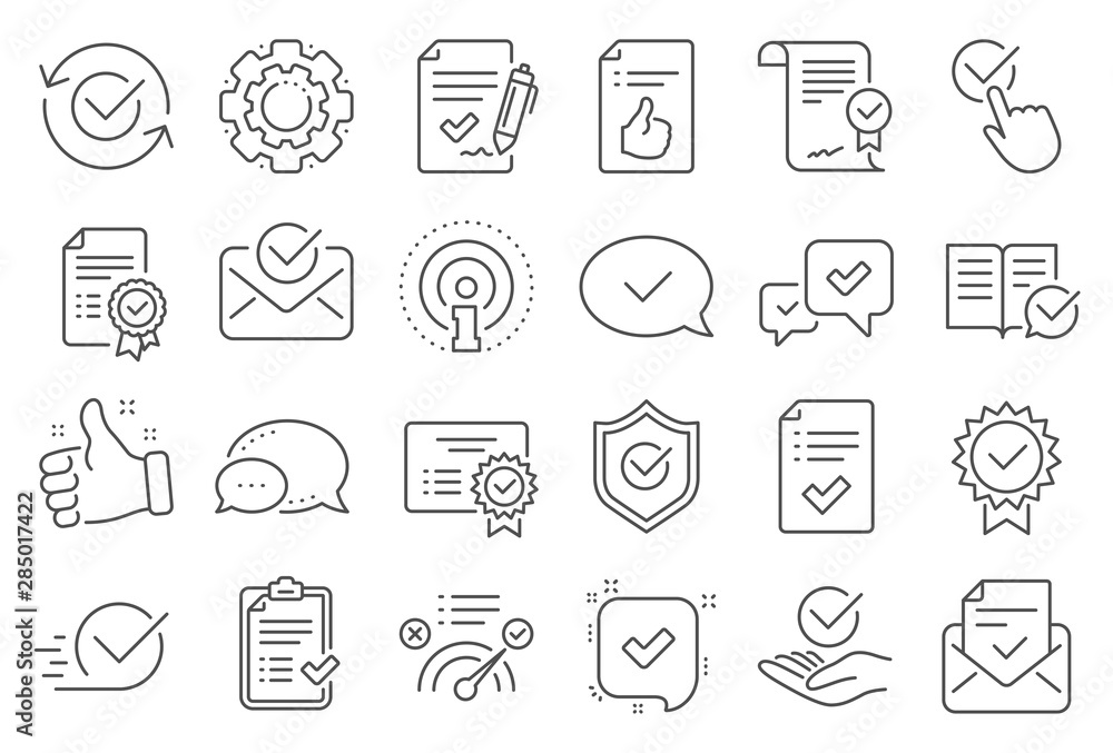 Approve line icons. Set of Checklist, Certificate and Award medal icons. Certified document, Accepted approve and Confirm mail. Guarantee, Check mark and Correct agreement. Checklist document. Vector Approve line icons. Set of Checklist, Certificate and Award medal icons. Certified document, Accepted approve and Confirm mail. Guarantee, Check mark and Correct agreement. Checklist document. Vector
