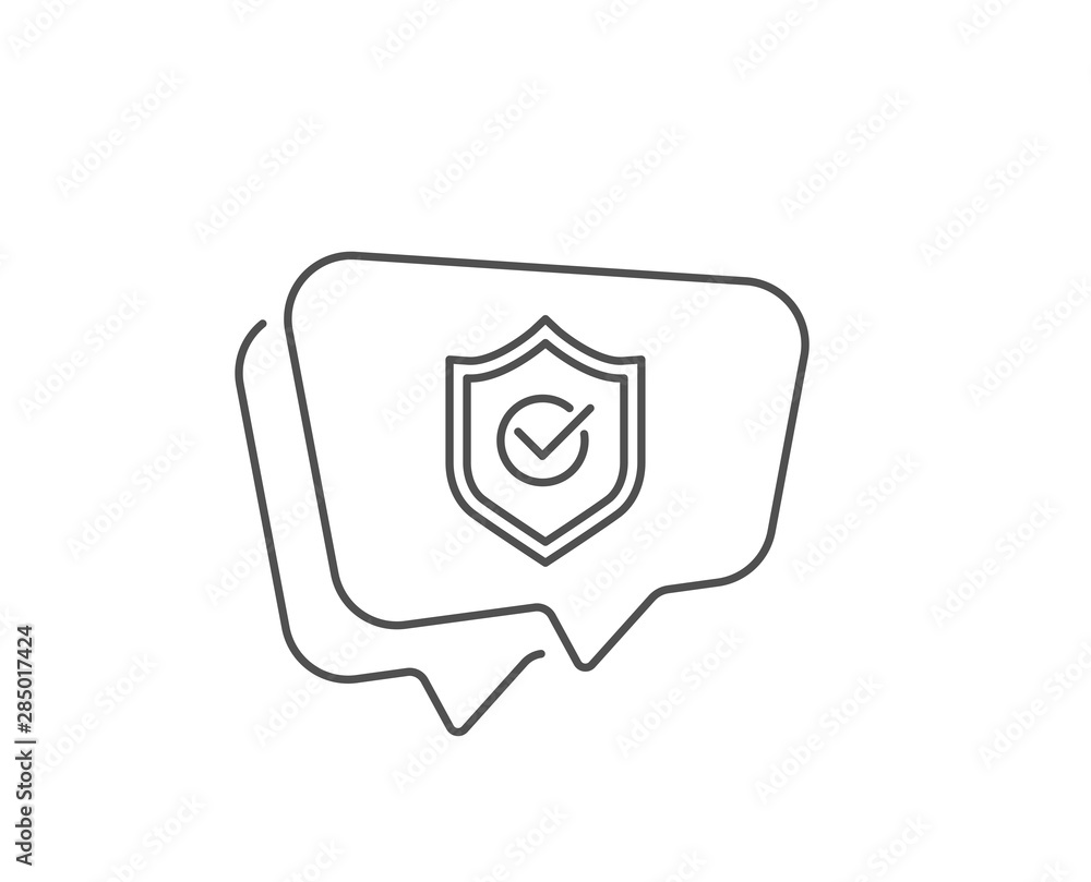 Approved shield line icon. Chat bubble design. Accepted or confirmed sign. Protection symbol. Outline concept. Thin line approved shield icon. Vector Approved shield line icon. Chat bubble design. Accepted or confirmed sign. Protection symbol. Outline concept. Thin line approved shield icon. Vector