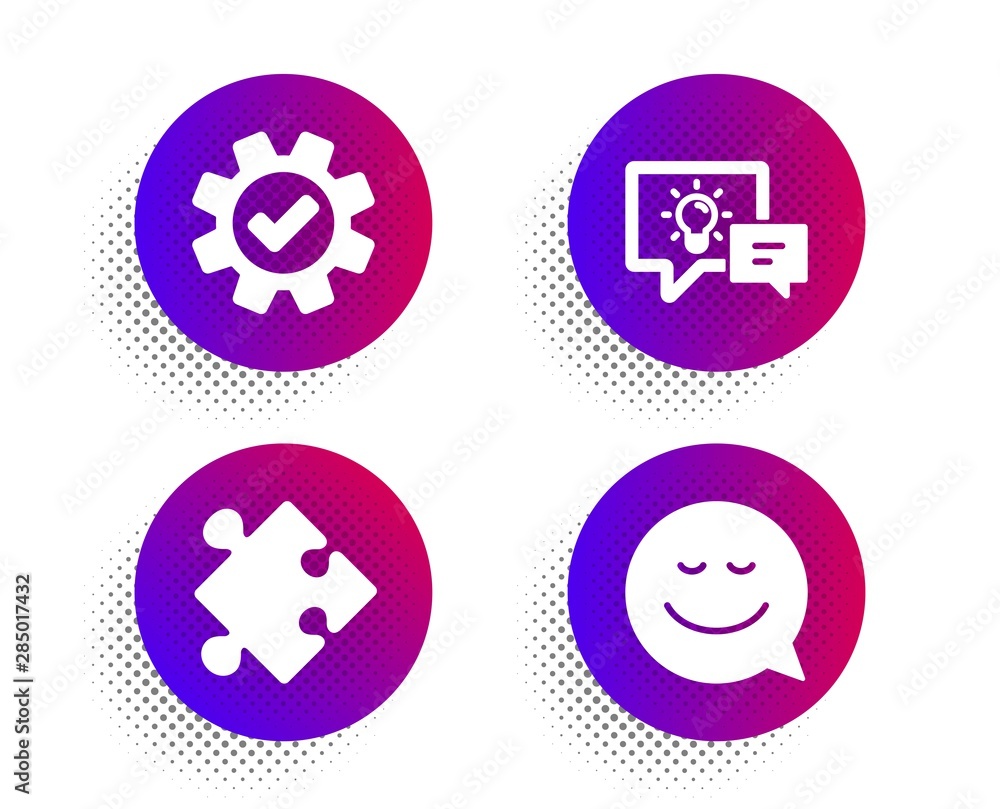 Idea lamp, Service and Strategy icons simple set. Halftone dots button. Smile sign. Business energy, Cogwheel gear, Puzzle. Chat emotion. Technology set. Classic flat idea lamp icon. Vector