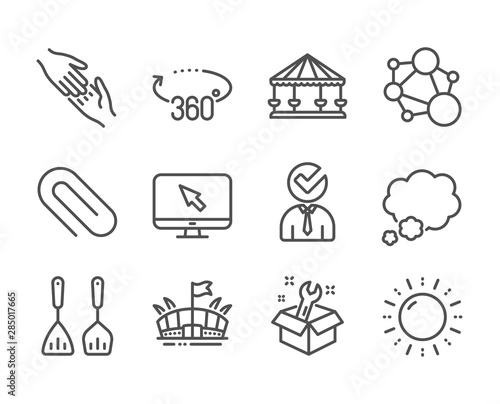 Set of Business icons, such as Carousels, Paper clip, Cooking cutlery, Integrity, Vacancy, Helping hand, Sun energy, Spanner, Internet, Talk bubble, Arena, 360 degrees line icons. Vector