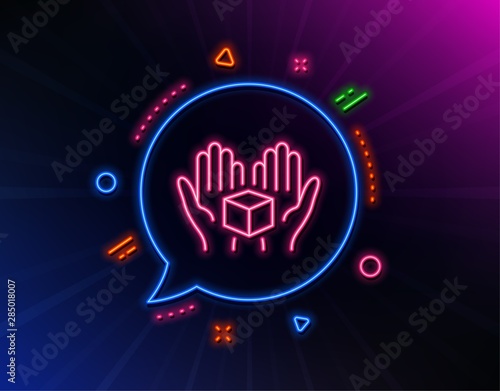 Hold open box line icon. Neon laser lights. Delivery parcel sign. Cargo package symbol. Glow laser speech bubble. Neon lights chat bubble. Banner badge with hold box icon. Vector