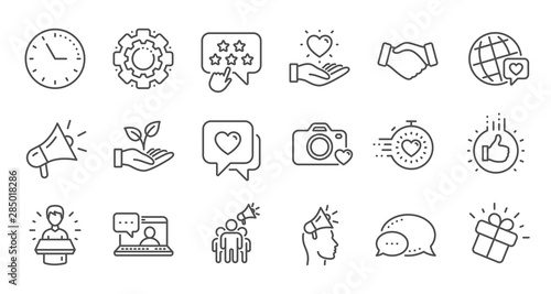 Brand ambassador line icons. Influence people, Megaphone and Representative. Handshake, influencer marketing person, ambassador person icons. Linear set. Quality line set. Vector