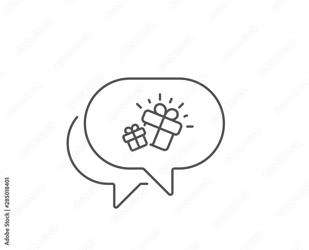 Gifts line icon. Chat bubble design. Present box sign. Brand marketing symbol. Outline concept. Thin line gift icon. Vector Gifts line icon. Chat bubble design. Present box sign. Brand marketing symbol. Outline concept. Thin line gift icon. Vector